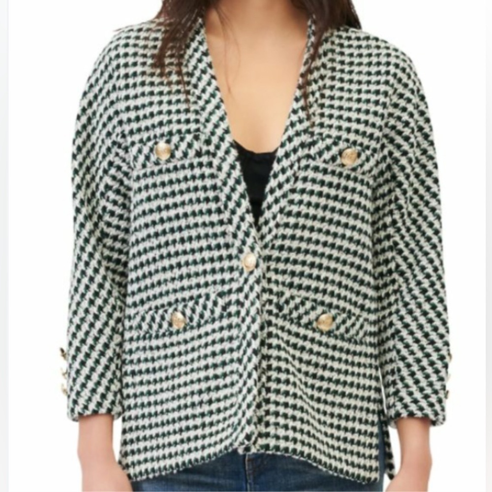 Maje Houndstooth Tweed Jacket Women Size 42 Button Up Wool blend Green Tan
